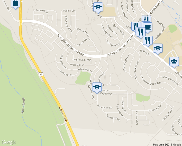 map of restaurants, bars, coffee shops, grocery stores, and more near 3016 White Oak Lane in Littleton
