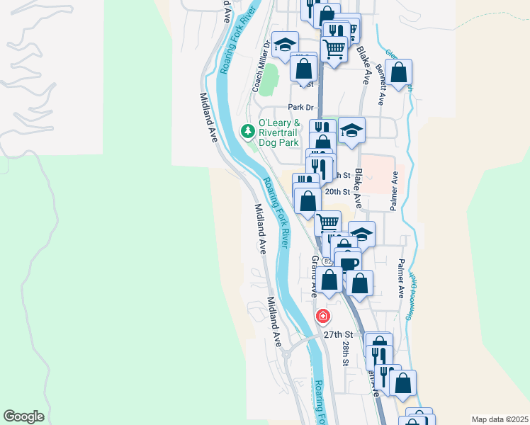map of restaurants, bars, coffee shops, grocery stores, and more near 2104 Midland Avenue in Glenwood Springs