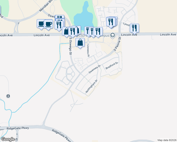 map of restaurants, bars, coffee shops, grocery stores, and more near 12101 Swansea Drive in Parker