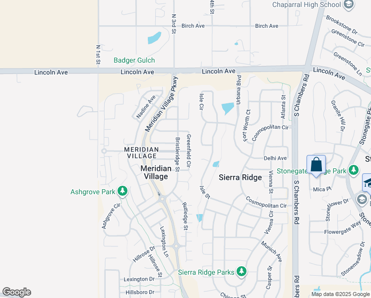 map of restaurants, bars, coffee shops, grocery stores, and more near 10217 Greenfield Circle in Parker