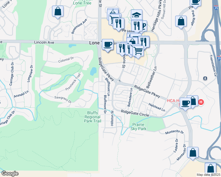 map of restaurants, bars, coffee shops, grocery stores, and more near 10137 Bluffmont Lane in Lone Tree