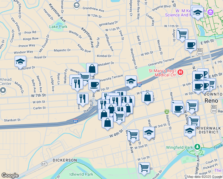 map of restaurants, bars, coffee shops, grocery stores, and more near 900 West 7th Street in Reno