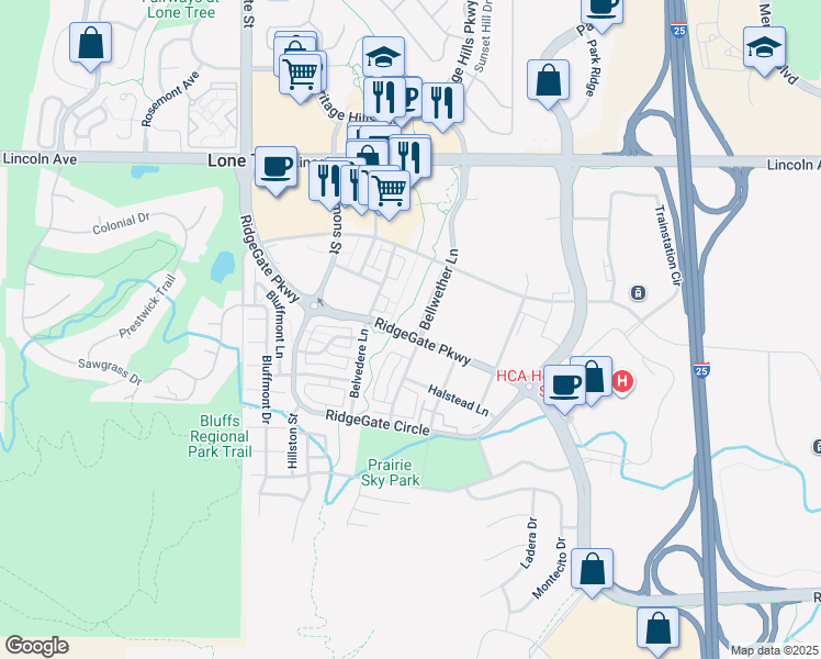 map of restaurants, bars, coffee shops, grocery stores, and more near 10165 Bellwether Lane in Lone Tree