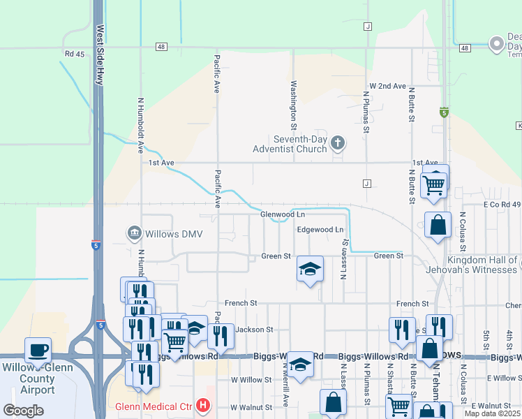 map of restaurants, bars, coffee shops, grocery stores, and more near 751 Glenwood Lane in Willows