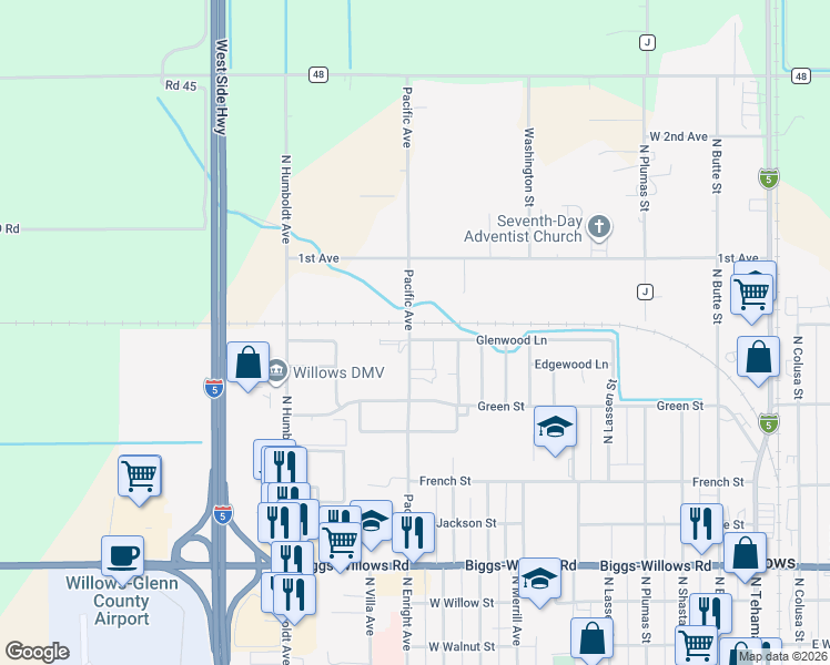 map of restaurants, bars, coffee shops, grocery stores, and more near 1095 Glenwood Lane in Willows