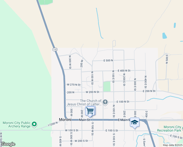 map of restaurants, bars, coffee shops, grocery stores, and more near 377 North 100 East in Moroni