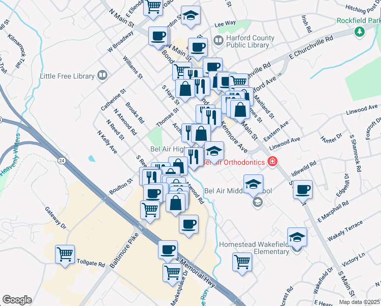 map of restaurants, bars, coffee shops, grocery stores, and more near 312 Baltimore Pike in Bel Air