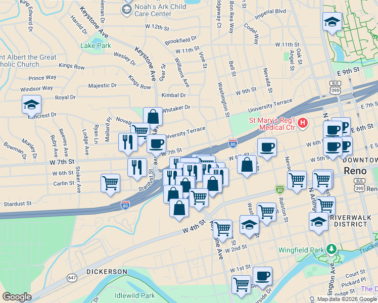 map of restaurants, bars, coffee shops, grocery stores, and more near 900 West 7th Street in Reno