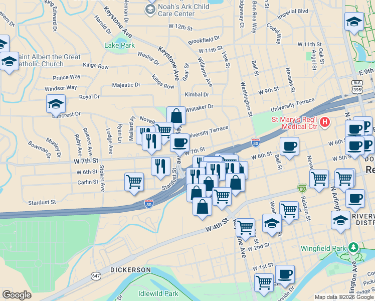 map of restaurants, bars, coffee shops, grocery stores, and more near in Reno
