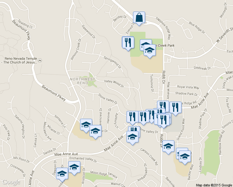 map of restaurants, bars, coffee shops, grocery stores, and more near 6555 Valley Wood Drive in Reno