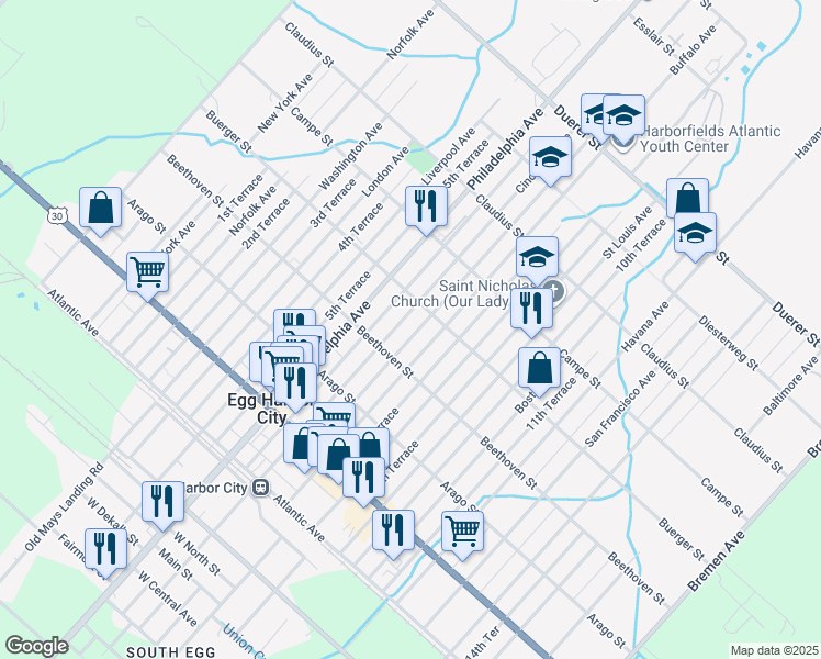 map of restaurants, bars, coffee shops, grocery stores, and more near 349 Buffalo Avenue in Egg Harbor City