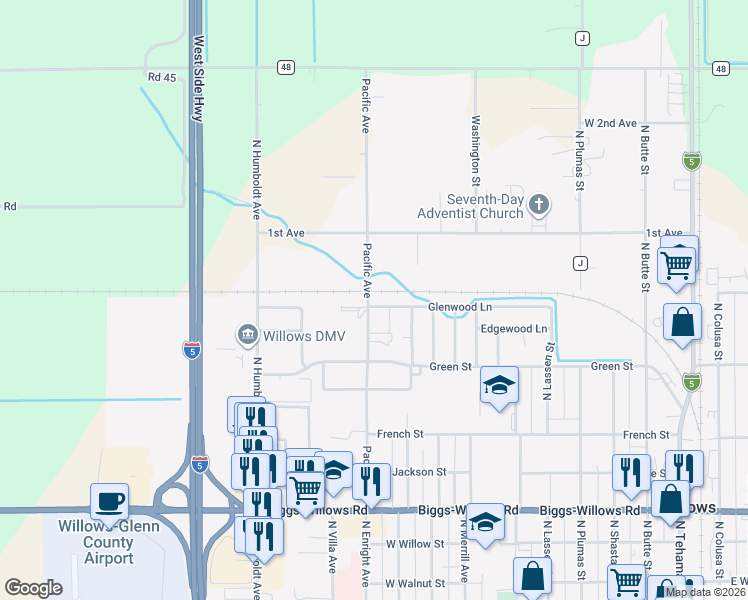 map of restaurants, bars, coffee shops, grocery stores, and more near 1095 Glenwood Lane in Willows