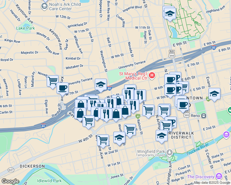 map of restaurants, bars, coffee shops, grocery stores, and more near 705 West 6th Street in Reno