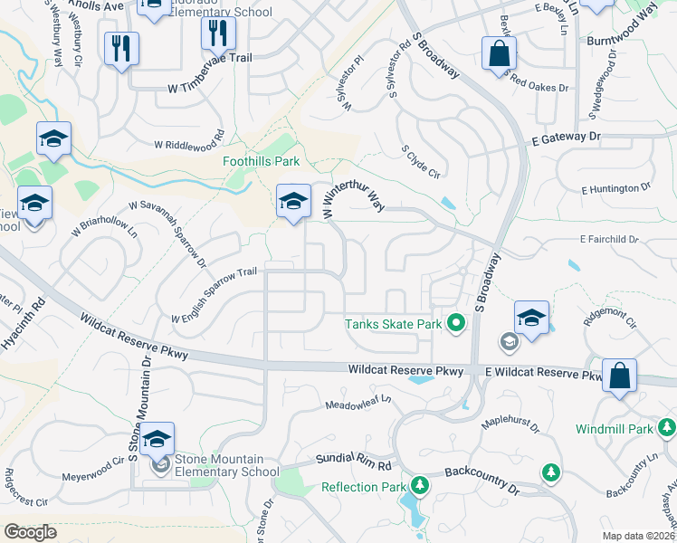 map of restaurants, bars, coffee shops, grocery stores, and more near 539 West Winterthur Way in Littleton