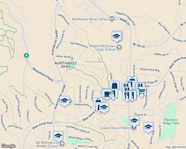 map of restaurants, bars, coffee shops, grocery stores, and more near 6555 Valley Wood Drive in Reno