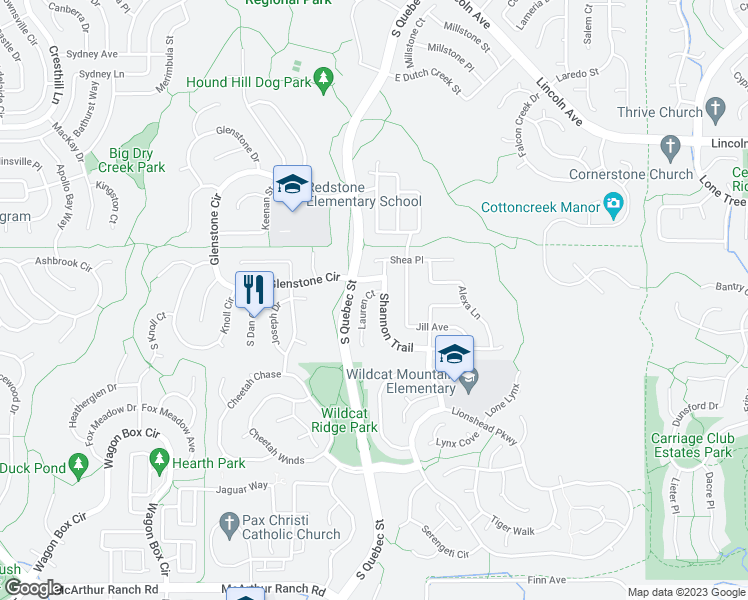 map of restaurants, bars, coffee shops, grocery stores, and more near 10190 Lauren Court in Littleton