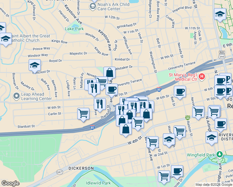 map of restaurants, bars, coffee shops, grocery stores, and more near in Reno