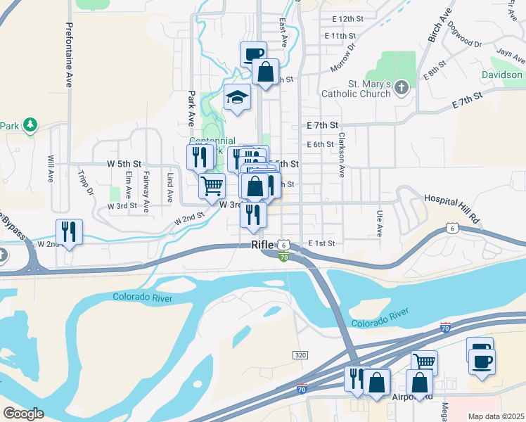 map of restaurants, bars, coffee shops, grocery stores, and more near 121 East 3rd Street in Rifle