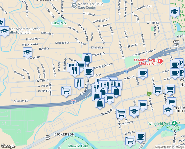 map of restaurants, bars, coffee shops, grocery stores, and more near in Reno