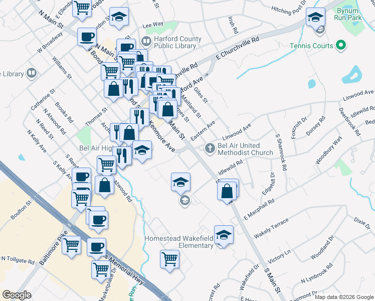 map of restaurants, bars, coffee shops, grocery stores, and more near 502 South Main Street in Bel Air