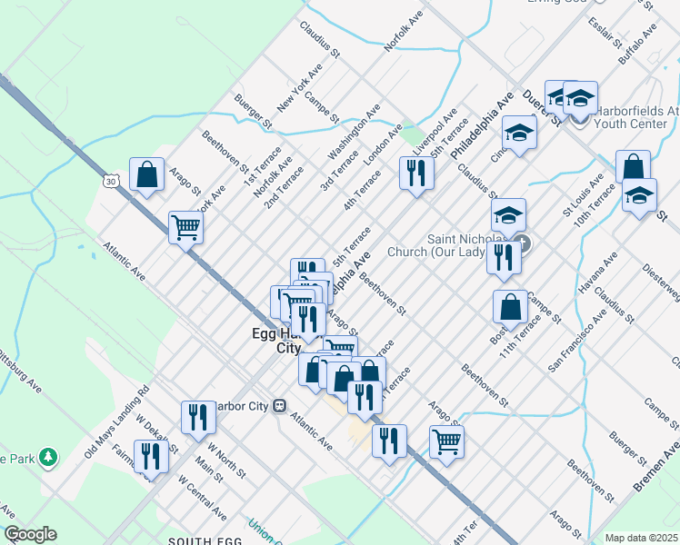 map of restaurants, bars, coffee shops, grocery stores, and more near 250 Philadelphia Avenue in Egg Harbor City