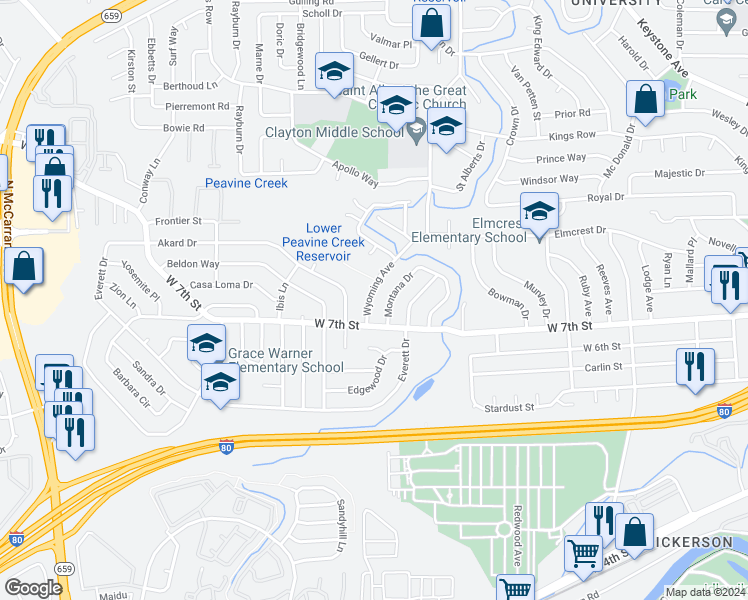 map of restaurants, bars, coffee shops, grocery stores, and more near 800 Wyoming Avenue in Reno