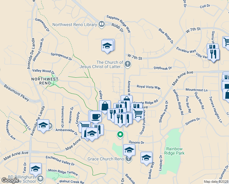 map of restaurants, bars, coffee shops, grocery stores, and more near 1816 Tuolumne Drive in Reno