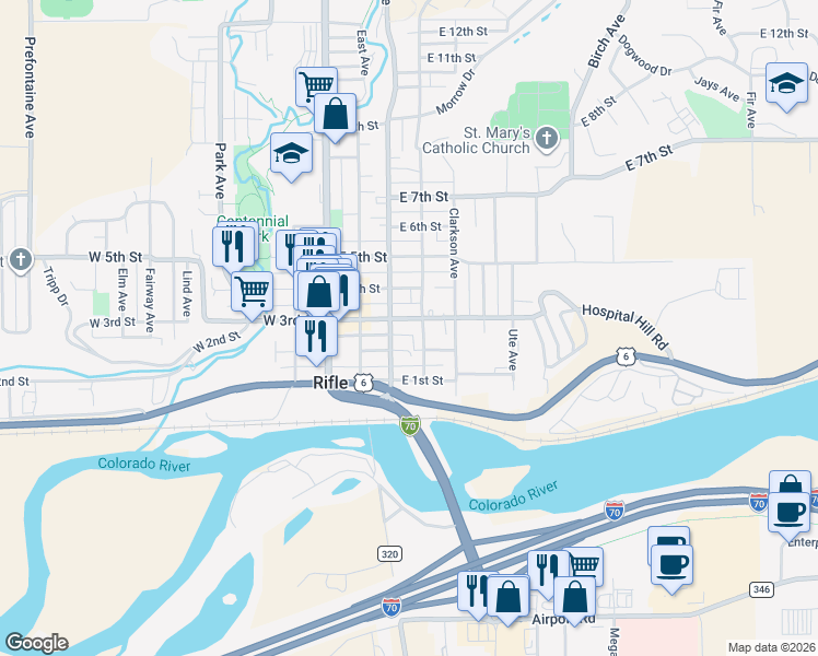 map of restaurants, bars, coffee shops, grocery stores, and more near Munro Avenue in Rifle