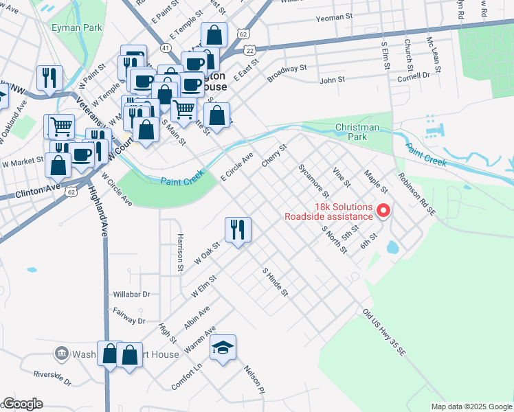 map of restaurants, bars, coffee shops, grocery stores, and more near 623 South Main Street in Washington Court House