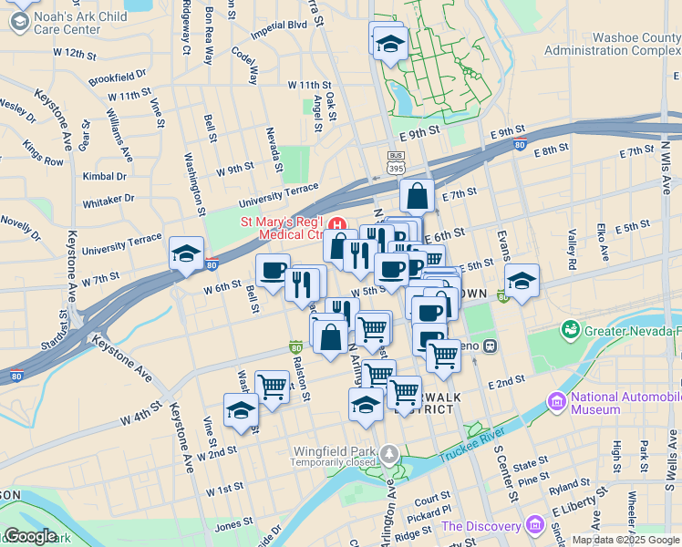 map of restaurants, bars, coffee shops, grocery stores, and more near 255 West 5th Street in Reno