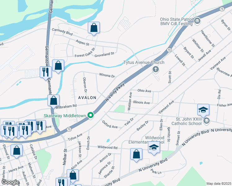 map of restaurants, bars, coffee shops, grocery stores, and more near 3000 North Verity Parkway in Middletown