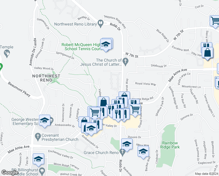 map of restaurants, bars, coffee shops, grocery stores, and more near 1895 Tuolumne Drive in Reno