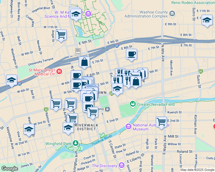 map of restaurants, bars, coffee shops, grocery stores, and more near 205 East 4th Street in Reno