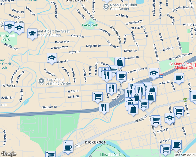 map of restaurants, bars, coffee shops, grocery stores, and more near 1445 West 7th Street in Reno