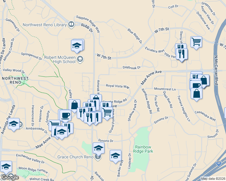 map of restaurants, bars, coffee shops, grocery stores, and more near 5870 Shadow Park Drive in Reno