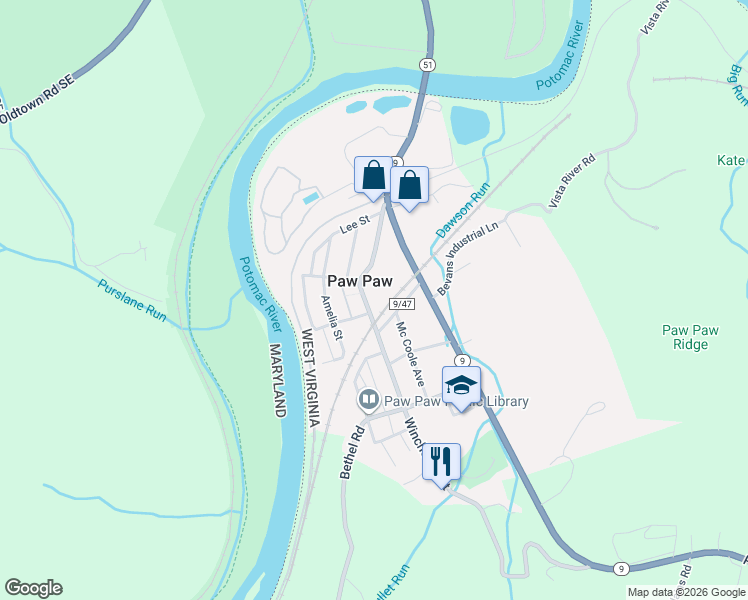 map of restaurants, bars, coffee shops, grocery stores, and more near 251A Winchester Street in Paw Paw