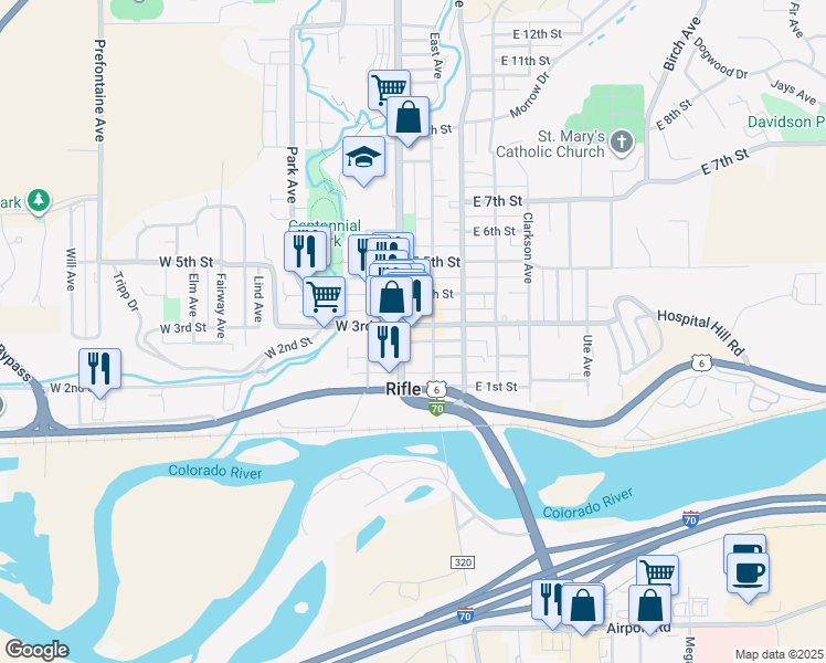 map of restaurants, bars, coffee shops, grocery stores, and more near 121 East 3rd Street in Rifle