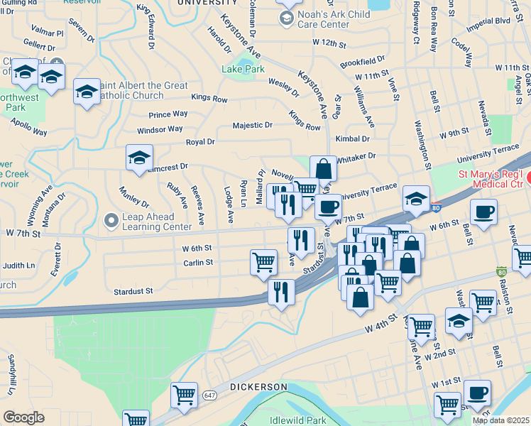map of restaurants, bars, coffee shops, grocery stores, and more near 1445 West 7th Street in Reno
