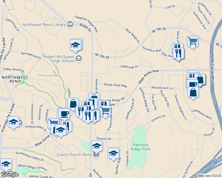 map of restaurants, bars, coffee shops, grocery stores, and more near 5870 Shadow Park Drive in Reno