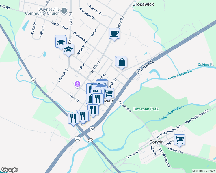 map of restaurants, bars, coffee shops, grocery stores, and more near 59 North Main Street in Waynesville