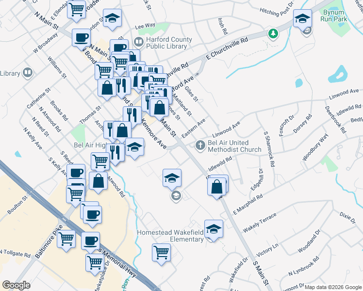 map of restaurants, bars, coffee shops, grocery stores, and more near 514 South Main Street in Bel Air