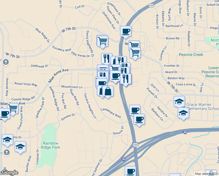 map of restaurants, bars, coffee shops, grocery stores, and more near 5150 Mae Anne Avenue in Reno