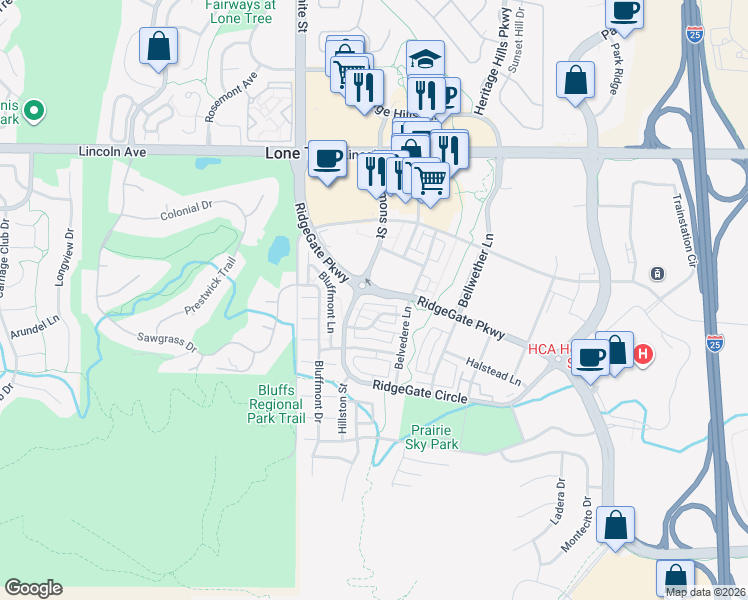 map of restaurants, bars, coffee shops, grocery stores, and more near 9217 Mornington Way in Lone Tree