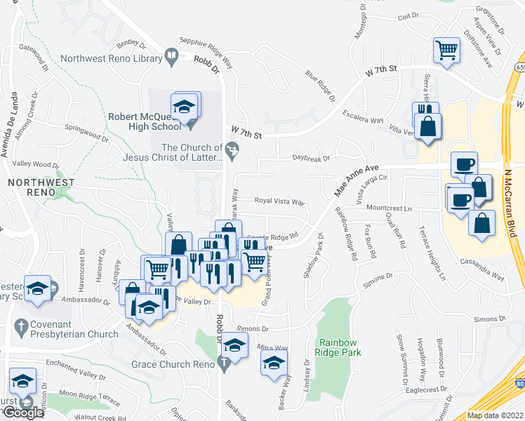 map of restaurants, bars, coffee shops, grocery stores, and more near 5905 Shadow Park Drive in Reno