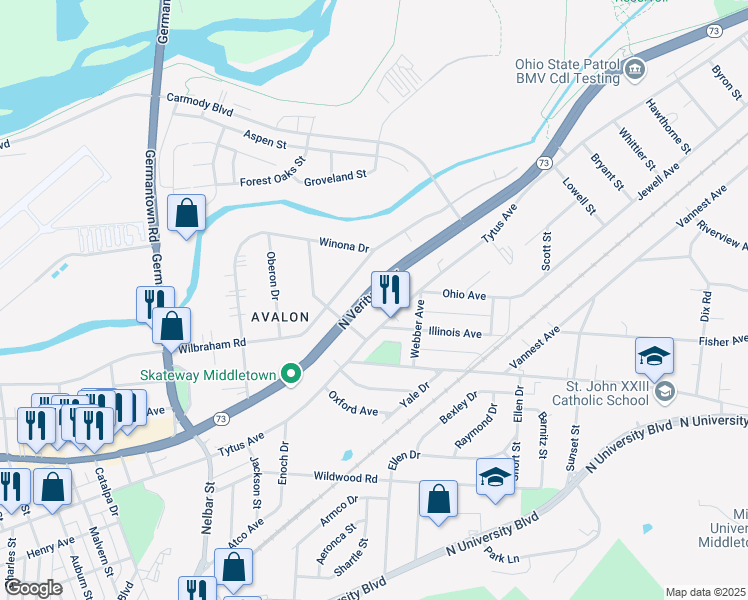 map of restaurants, bars, coffee shops, grocery stores, and more near 2908 North Verity Parkway in Middletown