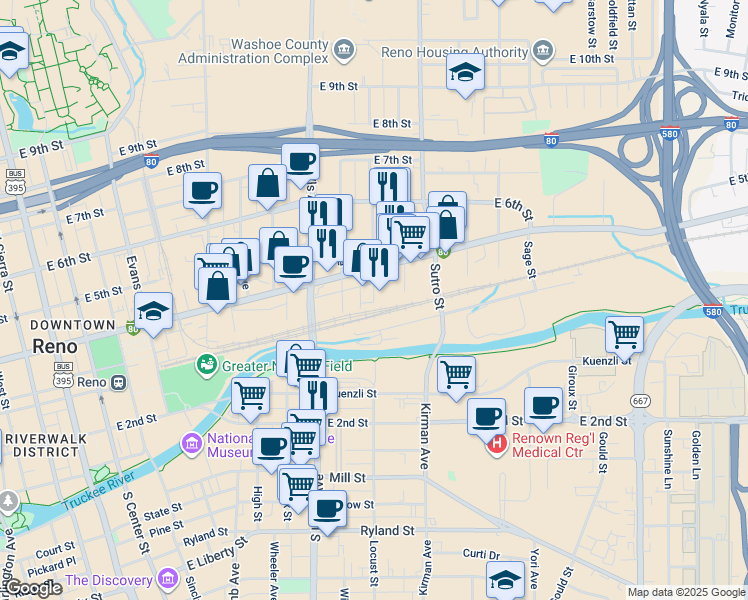 map of restaurants, bars, coffee shops, grocery stores, and more near 300 Spokane Street in Reno