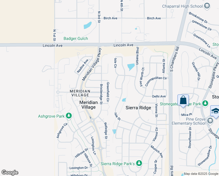 map of restaurants, bars, coffee shops, grocery stores, and more near 10204 Greenfield Circle in Parker