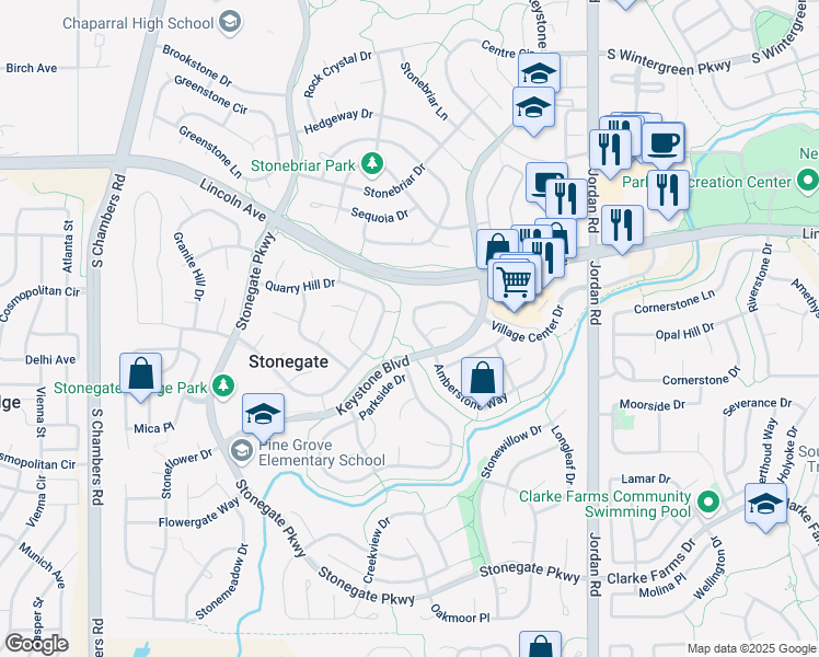 map of restaurants, bars, coffee shops, grocery stores, and more near 16315 Stone Ledge Drive in Parker