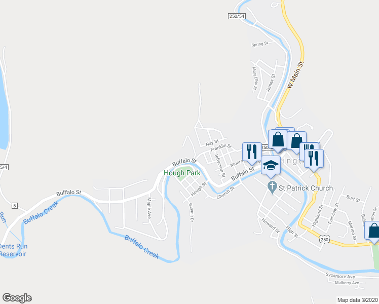 map of restaurants, bars, coffee shops, grocery stores, and more near 300 Parkview Drive in Mannington