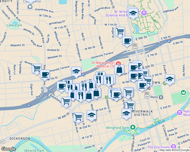 map of restaurants, bars, coffee shops, grocery stores, and more near 546 West 6th Street in Reno